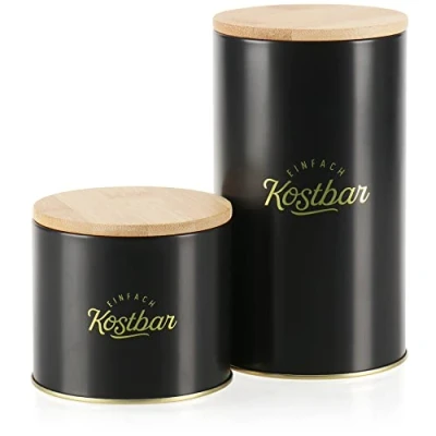 Immagine di com four® Set di barattoli da 2 Pezzi con Coperchio in bambù Scatola Metallo per Alimenti organizzatore la Cucina Contenitore Scritte (02 Colore Nero/Oro)