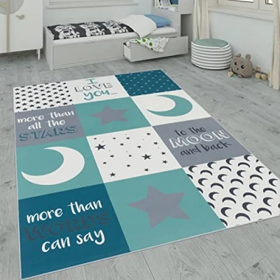 Immagine di Paco Home Tappeto per i Bambini, la Camera dei Bambini con Stelle, Luna e Motivi a Quadri, Dimensione:140x200 cm, Colore:Pink 5