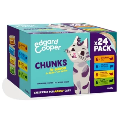 Immagine di Edgard Cooper cibo umido per gatti, 4 gusti, multipack bocconcini in salsa (24 x 85g, Pollo/Salmone/Tacchino/Agnello), gatti sterilizzati e non, carne fresca con ingredienti naturali