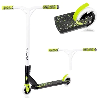 Immagine di LIONELO Whizz Monopattino Stunt Scooter Freestyle, Cuscinetti ABEC 9 Deck in Alluminio Sistema di Compressione HIC Ruote da 110 mm Manubrio a T Largo, Freno Flex Fender MN Steel, Design Unico (Lime)