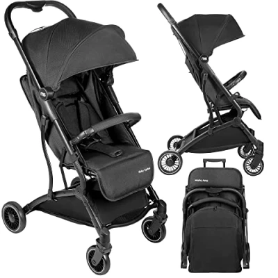 Immagine di Moby System Passeggino Pieghevole Compatto per Bambini (6 36 Mesi) Fino a 15 kg, Perfetto Viaggi in Aereo, Grande Cestino la Spesa, Include Borsa e Pellicola Antipioggia, Colore Nero