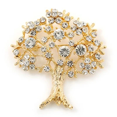 Immagine di Avalaya Spilla a forma di albero della vita, placcata in oro, con cristalli trasparenti, lunghezza 52 mm, Pietre preziose, metallo, Cristallo