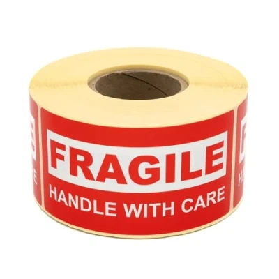 Immagine di MD Labels etichette di avvertimento su rotolo, 100 x 50 mm, 500 etichette, manico fragile, con adesivo spedizione, istruzioni per la adesive