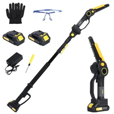 Immagine di motosega elettrica 2 in 1 e da 6 pollici, mini con batteria x 2000 mAh, motore senza spazzole, telescopico, manico telescopico altezza fino a 4,3 m