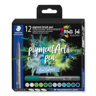 Immagine di Staedtler Brush pen Pigment Arts, cartuccia da disegno, punta a pennello per larghezza variabile, impermeabile, ad asciugatura rapida, 12 penne, colori assortiti, in astuccio di cartone, 371 C12 6