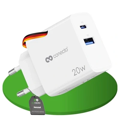 Immagine di conecto caricatore USB C, alimentatore USB, 2 porte, 1x C 20 watt Max. PD, A 18 max., rapido, per telefoni cellulari, bianco