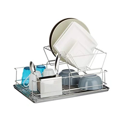Immagine di Relaxdays Scolapiatti, con Porta Posate, Sgocciolatoio, Vaschetta Raccogli Acqua in Acciaio, HLP: 23,5x48x32 cm, Argento, Inox, Set da 1