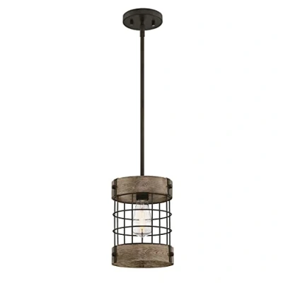 Immagine di Westinghouse Lighting 6118040 Lampada a sospensione da interno una luce in stile vintage Langston, finitura bronzo lucidato olio con accenti pino vintage, paralume gabbia