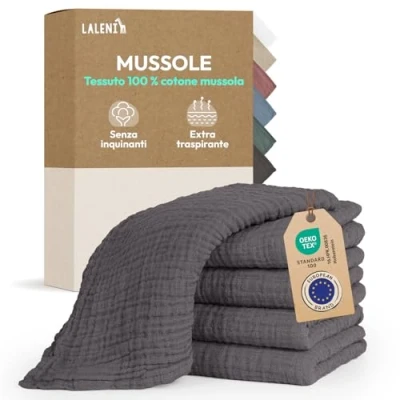 Immagine di Laleni Mussole Neonato Cotone 70x70cm In Set Di 5 Quadrotti Per Pelli Sensibili Asciugamani Extra Morbidi E Assorbenti Lavette Quadrati Grigio