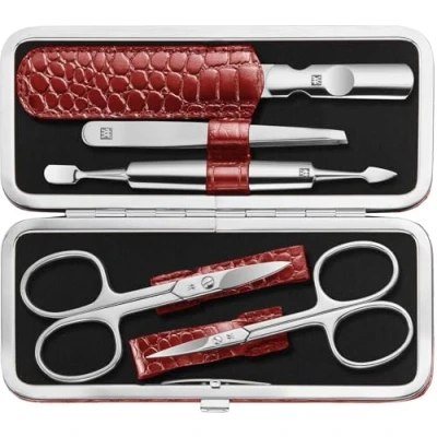 Immagine di ZWILLING Set manicure (5 pezzi, per la cura delle unghie di mani e piedi, custodia in vera pelle con struttura metallo), acciaio inox lucido, edizione coccodrillo, rosso