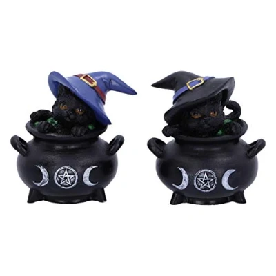 Immagine di Nemesis Now Hubble Bubble Witches Familiar Black Cat And Cauldron Figurines Calderone Figurine, Resina, Nero, 8 cm, 2 unità