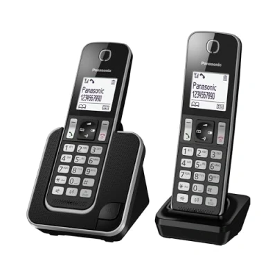 Immagine di Panasonic KX TGD312JTB Telefono Cordless Digitale, Unità Base e 2 Ricevitori, Display LCD Bianco, Vivavoce, ID Chiamante, Blocco Chiamate Indesiderate, Modalità Eco Plus, Sicurezza DECT, Nero