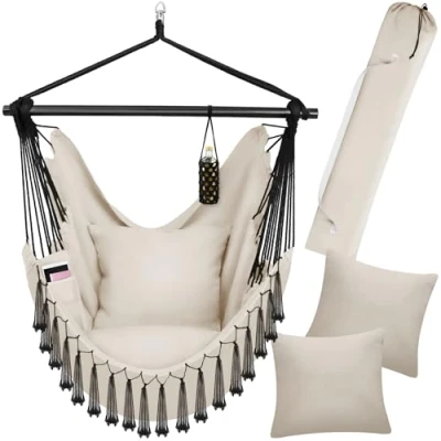 Immagine di tectake® Poltrona Sospesa Malika, Stile Bohemien, Tessuto Misto Cotone Poliestere Traspirante, Cuscini Extra Spessi, Scomparto per Libri, Appoggio Bibite Regolabile, Carico Massimo 150kg Beige