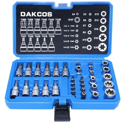 Immagine di DAKCOS 34 pezzi torx set e di prese esterne femminili, 5/16&quot;, 3/8&quot;, 1/4&quot; drive E4 E20 dadi T10 T60 star sockets sicurezza bit