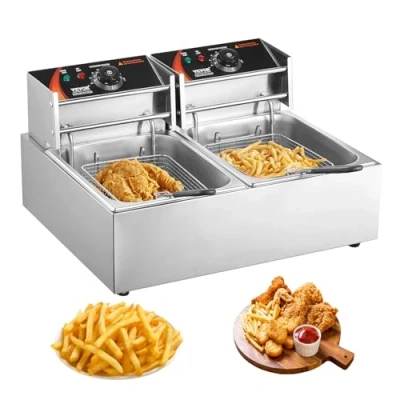 Immagine di VEVOR Friggitrice Elettrica 8,6L Vasca Doppia Rimovibile 3000W in Acciaio Inossidabile Commerciale, a Olio Temperatura Controllata 50C 200C per Cucina Hotel Festa Carnevale