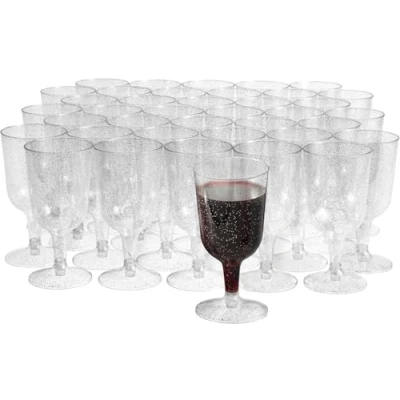 Immagine di Matana 50 Eleganti Bicchieri da Vino in Plastica Rigida Trasparente con Glitter argento (170ml) Resistenti e Riutilizzabili Compleanni, Matrimoni, Natale, Feste di Capodanno, Barbecue
