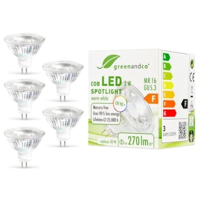 Immagine di greenandco 5x Faretto a LED IRC 90+ MR16 GU5.3, 3W 270lm 2700K (bianco caldo) COB 38 12V AC/DC, non dimmerabile