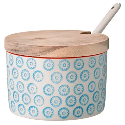 Immagine di Bloomingville Contenitore per Sale con Coperchio e Cucchiaio Emma in gres colorato Ø 10 cm, Blu, Ceramica Gres, capacità 250 ml