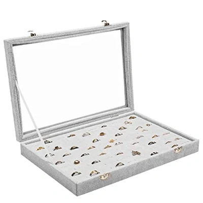 Immagine di BELLE VOUS Organizer Gioielli Espositore Anelli in Velluto Grigio con 100 Fessure Porta Coperchio Vetro Trasparente per Anelli, Orecchini e Gemelli