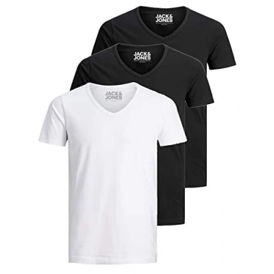 Immagine di Jack and Jones Maglietta da uomo basic con scollo a V, confezione 3, tinta unita, slim fit, in bianco, nero, blu, grigio, M