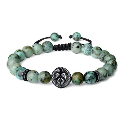 Immagine di COAI Bracciale da Uomo Regolabile in Turchese Africano con Amuleto Testa di Leone Rame, Ispirazione Shamballa Pietre Semi preziose