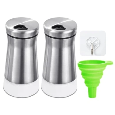Immagine di 2 spargisale e pepe, 1 imbuto, gancio, saliera pepe con tappo a vite, spargispepe fondo trasparente, pepiera, bottiglia dispenser ricaricabile