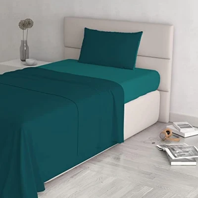 Immagine di Italian Bed Linen Completo Letto Natural Color, 100% Cotone, Petrolio/Verde Bottiglia, Piazza e Mezza