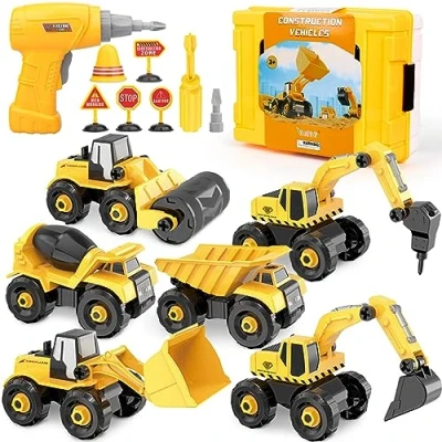 Immagine di Vanplay Smontare Camion Giocattoli 6 in 1 Montare Escavatore con Trapano Giocattolo Attrezzo DIY Modello Gioco di Auto per Bambini Ragazzo Ragazza 3 Anni