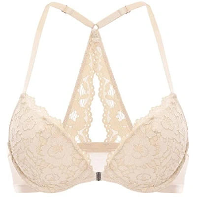 Immagine di DOBREVA Donna Reggiseno Push Up Apertura Frontale Pizzo con Ferretto Imbottito Scollatura Profonda Beige 3C