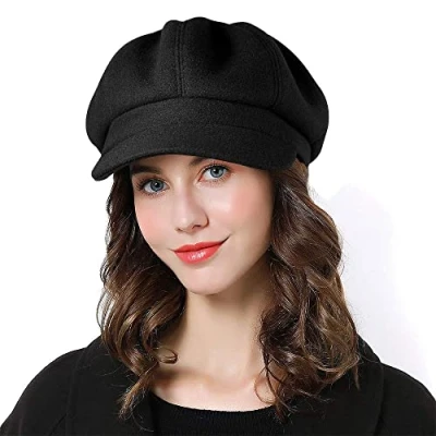 Immagine di Sumolux berretto da donna Newsboy Cappello francese in lana classico autunno primavera inverno, Nero a, Taglia unica