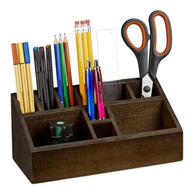 Immagine di relaxdays Portaoggetti da Scrivania in Bambù, Portapenne, Organizer 10 Scomparti Matite, Penne, Foglietti, Marrone Scuro