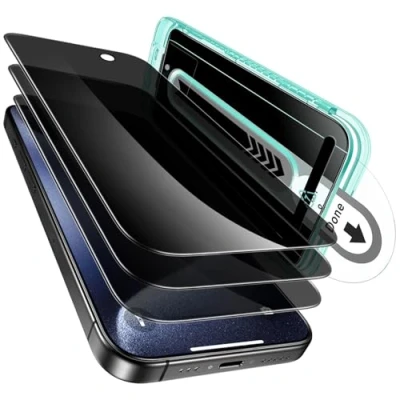 Immagine di ESR Privacy Protezione per lo schermo in vetro temperato iPhone 15 Pro Max, Durezza 9H, Supporto Flaw Fit, HD impeccabile, Resistente ai graffi, 3 Pezzi