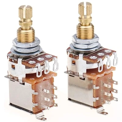 Immagine di Musiclily Pro Ottone Full Metrica A250K Potenziometro Push/Push Split Shaft Linear Taper Pots per Chitarra Elettrica Basso (Set di 2)