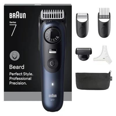Immagine di Braun Barttrimmer Serie 7 + 6 accessori, lama ProBlade affilata a vita, fino 120 minuti di durata della batteria, 40 impostazioni lunghezza, impermeabile, ruota precisione e tasto blocco,