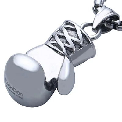 Immagine di DonDon Collana da uomo con ciondolo a forma di guantone boxe, in acciaio inox, sacchetto nero e inossidabile, colore: argento, cod. AU05 EM52_us