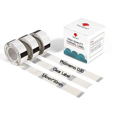Immagine di Phomemo D30 D30Pro Rotolo di carta per stampante termica trasparente, formato Mini 14 x 30 mm (0,55 1,18 pollici), Bluetooth Compact Mobile, 3 rotoli