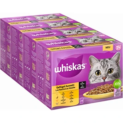 Immagine di Whiskas 7+ cibo per gatti, pollame a scelta in salsa, 12 x 85 g (4 confezioni) umido di alta qualità partire dai 7 anni 48 sacchetti