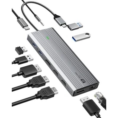 Immagine di Displaylink Docking station Dual Monitor, 2 HDMI 4K60HZ e per MacBook M1/M2, 10 in 1 Gbps USB C Hub Adattatore con Ethernet, 3.2, microfono, audio, 100 W