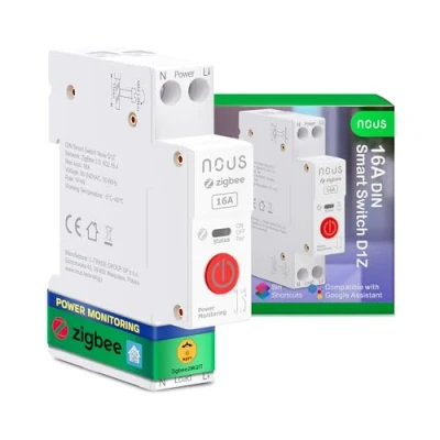 Immagine di Nous Zigbee Interruttore DIN per guida 16 A, con monitoraggio dell&#039;energia, compatibile Zigbee2MQTT, Home Assistant, Alexa &amp; Google Home, telecomando app, controllo vocale e timer