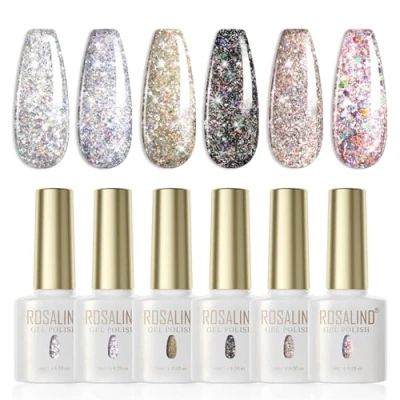 Immagine di ROSALIND Smalto Semipermanente Per Unghie Glitterato,6 Colori Argento Oro Nero Brillante Kit,Smalti Soak Off UV/LED Nail Polish Lampada Diy Manicure Art Set