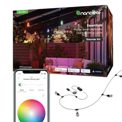 Immagine di Nanoleaf Matter Essentials, Catena Luminosa Esterno Starter Kit 30M Led RGBICW Luci 16M Colori, IP65 Impermeabile, 40 Lampadine LED, WiFi Bluetooth &amp; Matter, Adatto per Giardino Balcone Gazebo