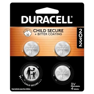 Immagine di Duracell batteria al litio 2032, confezione da 4 pezzi, caratteristiche di sicurezza per bambini, compatibile con Apple AirTag, portachiavi e altri dispositivi, CR2032 3 V,