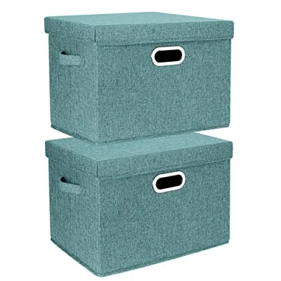 Immagine di TYEERS Grandi Scatole Portaoggetti, in Tessuto, Pieghevole, con Coperchio, 44x30x29 cm, Set di 2, Aqua Deep