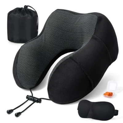 Immagine di SOMLAW Cuscino da Viaggio, Collo Memory Foam, Cervicale Viaggio Portatile, con Maschera per gli Occhi e Tappi le Orecchie, Borsa, Ideale Viaggiare in Aereo, Auto Treno