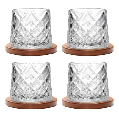 Immagine di Uten Calice da Acqua Rotante, 275 ML/10 OZ Bicchiere Whisky Cristallo, Sottobicchiere in Bambù, Sensazione Spessa, Coppa Rum Vetro Latte, Relax e Decompressione, 4
