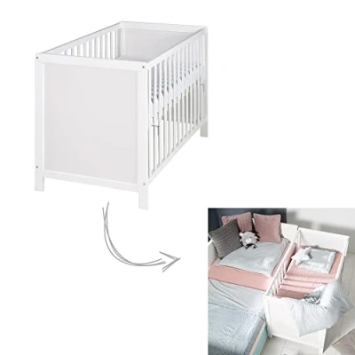 Immagine di roba Lettino Co sleeping 60 x 120 cm, Rete a Doghe Incluso, Regolabile in Altezza, 5 Pioli Estraibili, da Attaccare al Letto dei Genitori, Legno Bianco