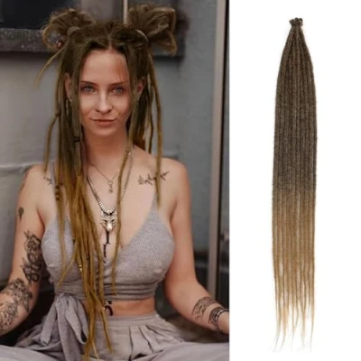 Immagine di Dreadlock Extensions 24 Inch Synthetic Hippie Single Ended Dreads 10 Strands Ginger 0.6 cm Width Loc Reggae Style Crochet Hair for Women (4/27, SE Strands)