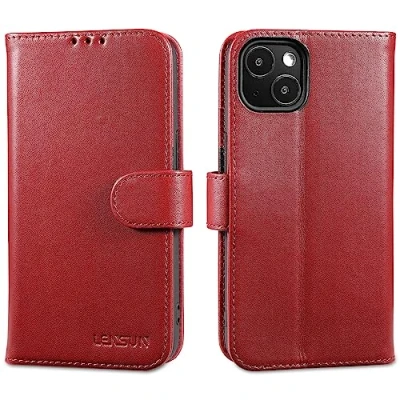 Immagine di Lensun Cover per iPhone 13, Custodia in Vera Pelle [RFID Blocking] Libro con Portafoglio Chiusura Magnetico Flip Custodie Cuoio Telefono 13 Vino Rosso