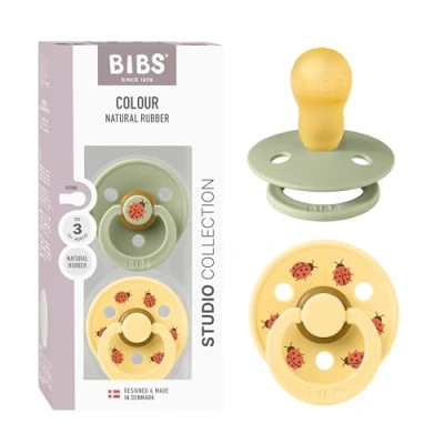 Immagine di BIBS Colour Studio Ciuccio confezione da 2 pezzi. Privo di BPA, Tettarella tonda. Lattice gomma naturale, Prodotto in Danimarca, Taglia 3 (18+ mesi), Sage/Pale Butter