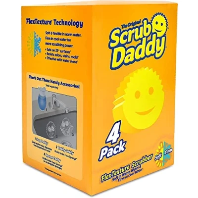 Immagine di Scrub Daddy Originale Spugna Piatti Lavabile, Spugne Cucina e Bagno, Non Graffia Prodotti per la Pulizia della Casa, Design Morbido Compatto FlexTexture, Lavabile in Lavastoviglie, Giallo 4 Pz